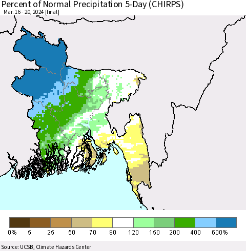 Bangladesh Percent of Normal Precipitation 5-Day (CHIRPS) Thematic Map For 3/16/2024 - 3/20/2024