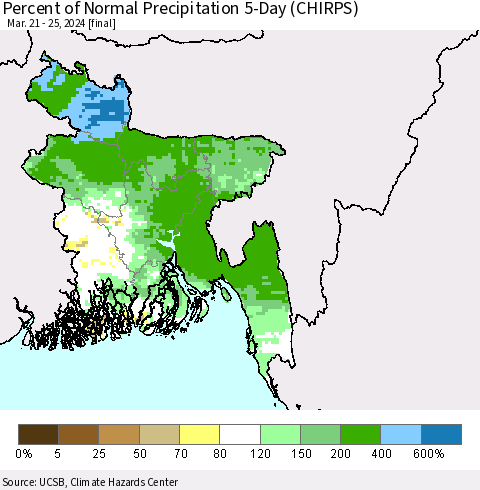 Bangladesh Percent of Normal Precipitation 5-Day (CHIRPS) Thematic Map For 3/21/2024 - 3/25/2024