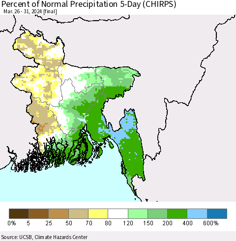 Bangladesh Percent of Normal Precipitation 5-Day (CHIRPS) Thematic Map For 3/26/2024 - 3/31/2024