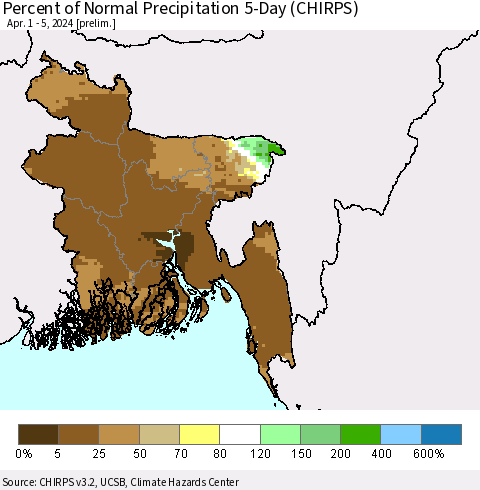 Bangladesh Percent of Normal Precipitation 5-Day (CHIRPS) Thematic Map For 4/1/2024 - 4/5/2024