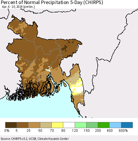 Bangladesh Percent of Normal Precipitation 5-Day (CHIRPS) Thematic Map For 4/6/2024 - 4/10/2024