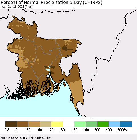Bangladesh Percent of Normal Precipitation 5-Day (CHIRPS) Thematic Map For 4/11/2024 - 4/15/2024