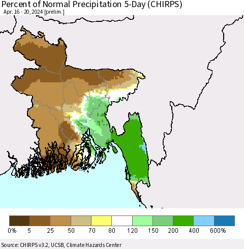 Bangladesh Percent of Normal Precipitation 5-Day (CHIRPS) Thematic Map For 4/16/2024 - 4/20/2024