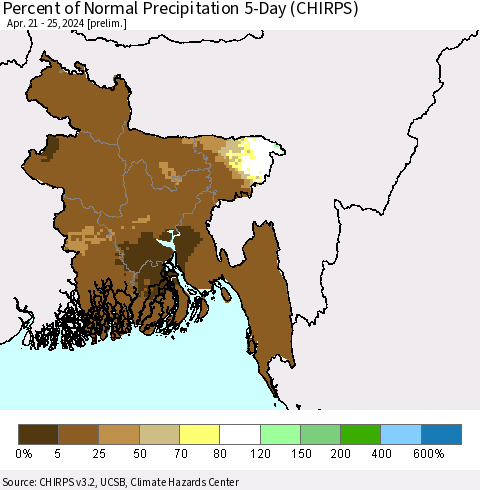 Bangladesh Percent of Normal Precipitation 5-Day (CHIRPS) Thematic Map For 4/21/2024 - 4/25/2024