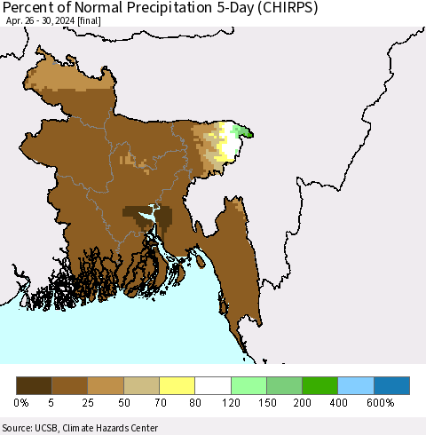 Bangladesh Percent of Normal Precipitation 5-Day (CHIRPS) Thematic Map For 4/26/2024 - 4/30/2024