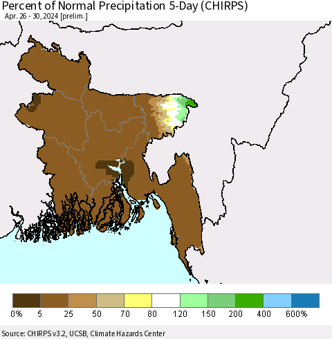Bangladesh Percent of Normal Precipitation 5-Day (CHIRPS) Thematic Map For 4/26/2024 - 4/30/2024