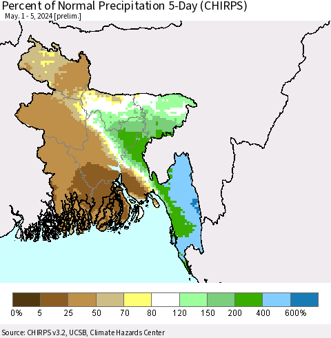 Bangladesh Percent of Normal Precipitation 5-Day (CHIRPS) Thematic Map For 5/1/2024 - 5/5/2024