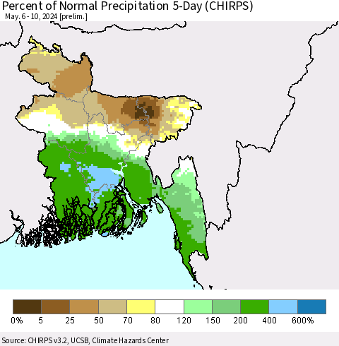 Bangladesh Percent of Normal Precipitation 5-Day (CHIRPS) Thematic Map For 5/6/2024 - 5/10/2024