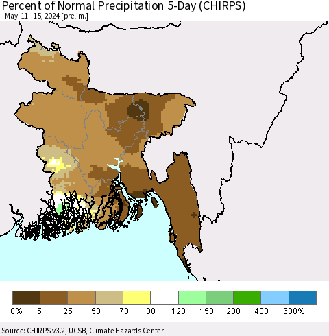 Bangladesh Percent of Normal Precipitation 5-Day (CHIRPS) Thematic Map For 5/11/2024 - 5/15/2024