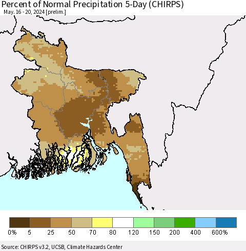 Bangladesh Percent of Normal Precipitation 5-Day (CHIRPS) Thematic Map For 5/16/2024 - 5/20/2024