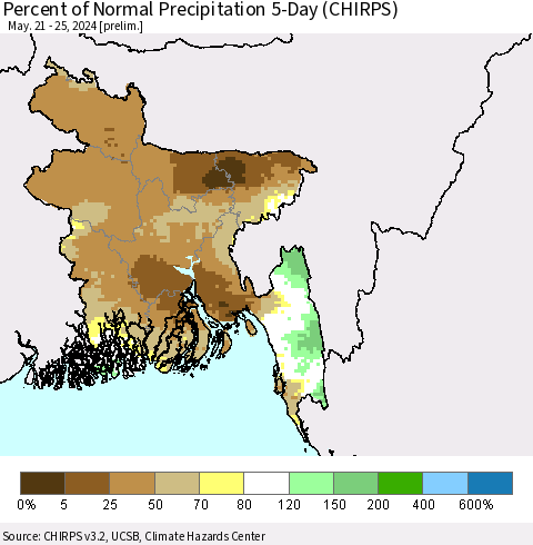 Bangladesh Percent of Normal Precipitation 5-Day (CHIRPS) Thematic Map For 5/21/2024 - 5/25/2024