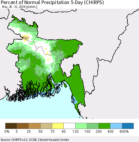 Bangladesh Percent of Normal Precipitation 5-Day (CHIRPS) Thematic Map For 5/26/2024 - 5/31/2024