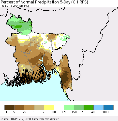 Bangladesh Percent of Normal Precipitation 5-Day (CHIRPS) Thematic Map For 6/1/2024 - 6/5/2024