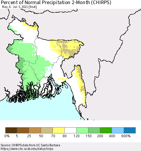 Bangladesh Percent of Normal Precipitation 2-Month (CHIRPS) Thematic Map For 5/6/2021 - 7/5/2021