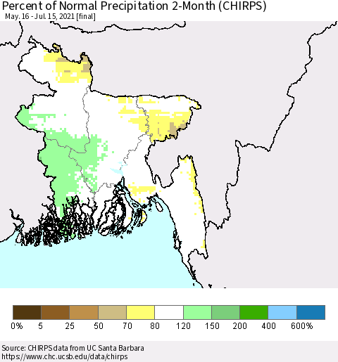 Bangladesh Percent of Normal Precipitation 2-Month (CHIRPS) Thematic Map For 5/16/2021 - 7/15/2021