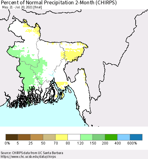 Bangladesh Percent of Normal Precipitation 2-Month (CHIRPS) Thematic Map For 5/21/2021 - 7/20/2021