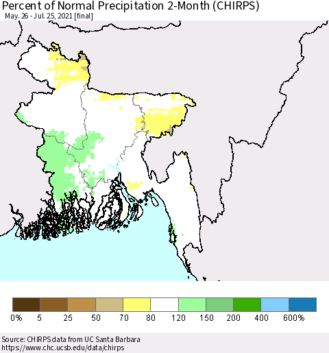 Bangladesh Percent of Normal Precipitation 2-Month (CHIRPS) Thematic Map For 5/26/2021 - 7/25/2021
