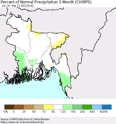 Bangladesh Percent of Normal Precipitation 2-Month (CHIRPS) Thematic Map For 6/16/2021 - 8/15/2021