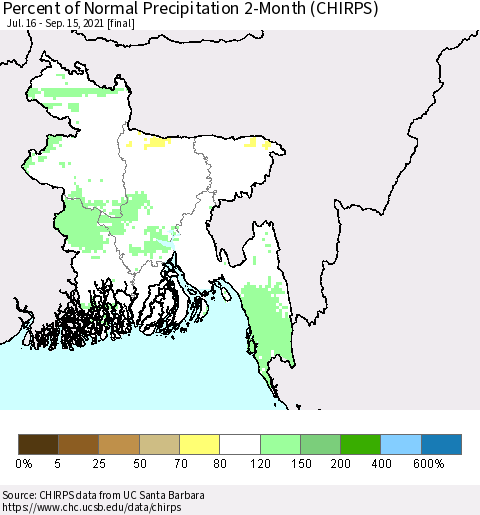 Bangladesh Percent of Normal Precipitation 2-Month (CHIRPS) Thematic Map For 7/16/2021 - 9/15/2021