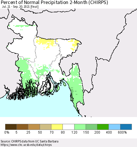 Bangladesh Percent of Normal Precipitation 2-Month (CHIRPS) Thematic Map For 7/21/2021 - 9/20/2021
