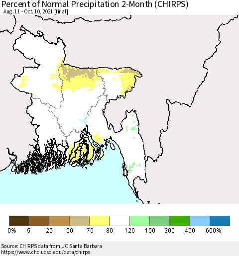 Bangladesh Percent of Normal Precipitation 2-Month (CHIRPS) Thematic Map For 8/11/2021 - 10/10/2021
