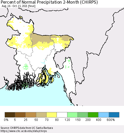 Bangladesh Percent of Normal Precipitation 2-Month (CHIRPS) Thematic Map For 8/16/2021 - 10/15/2021