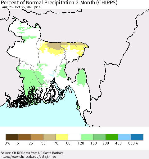 Bangladesh Percent of Normal Precipitation 2-Month (CHIRPS) Thematic Map For 8/26/2021 - 10/25/2021