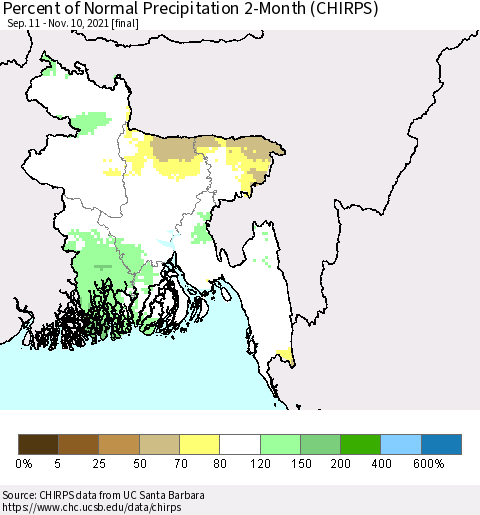 Bangladesh Percent of Normal Precipitation 2-Month (CHIRPS) Thematic Map For 9/11/2021 - 11/10/2021