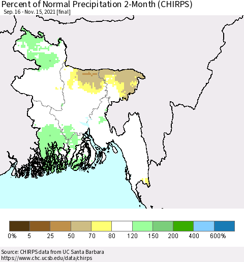 Bangladesh Percent of Normal Precipitation 2-Month (CHIRPS) Thematic Map For 9/16/2021 - 11/15/2021
