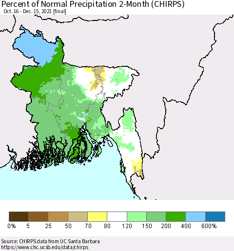 Bangladesh Percent of Normal Precipitation 2-Month (CHIRPS) Thematic Map For 10/16/2021 - 12/15/2021