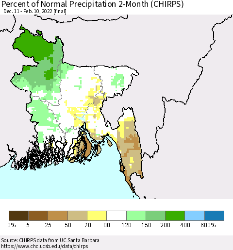Bangladesh Percent of Normal Precipitation 2-Month (CHIRPS) Thematic Map For 12/11/2021 - 2/10/2022