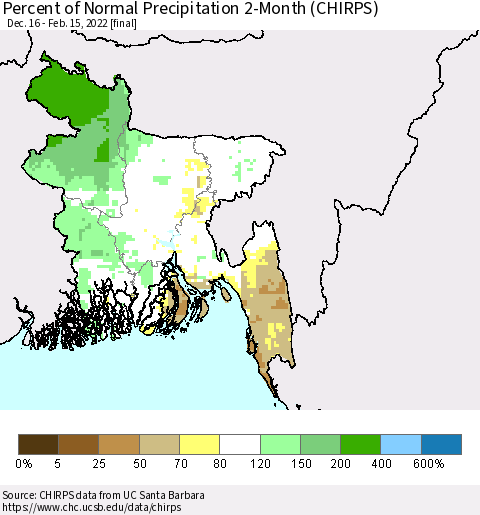 Bangladesh Percent of Normal Precipitation 2-Month (CHIRPS) Thematic Map For 12/16/2021 - 2/15/2022