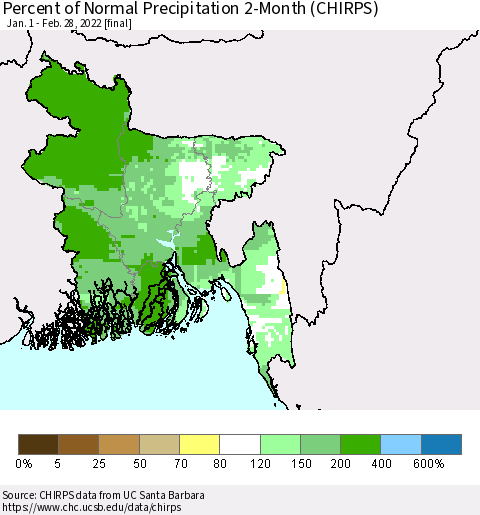 Bangladesh Percent of Normal Precipitation 2-Month (CHIRPS) Thematic Map For 1/1/2022 - 2/28/2022