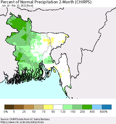 Bangladesh Percent of Normal Precipitation 2-Month (CHIRPS) Thematic Map For 1/16/2022 - 3/15/2022