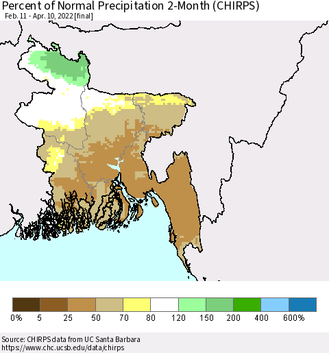 Bangladesh Percent of Normal Precipitation 2-Month (CHIRPS) Thematic Map For 2/11/2022 - 4/10/2022