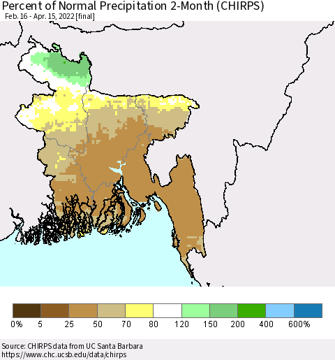 Bangladesh Percent of Normal Precipitation 2-Month (CHIRPS) Thematic Map For 2/16/2022 - 4/15/2022