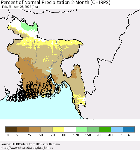 Bangladesh Percent of Normal Precipitation 2-Month (CHIRPS) Thematic Map For 2/26/2022 - 4/25/2022