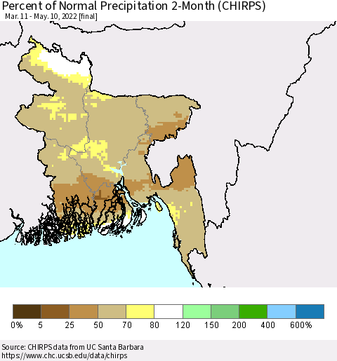 Bangladesh Percent of Normal Precipitation 2-Month (CHIRPS) Thematic Map For 3/11/2022 - 5/10/2022