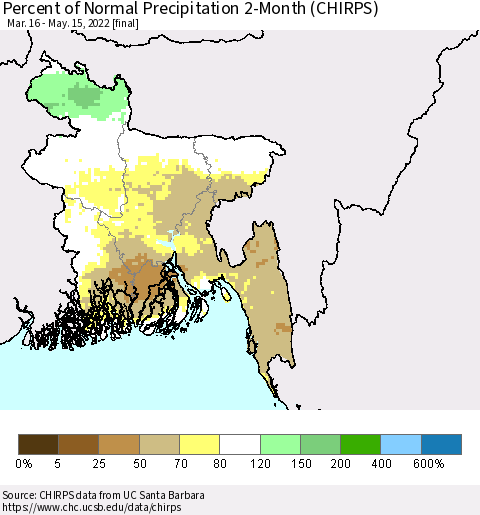 Bangladesh Percent of Normal Precipitation 2-Month (CHIRPS) Thematic Map For 3/16/2022 - 5/15/2022