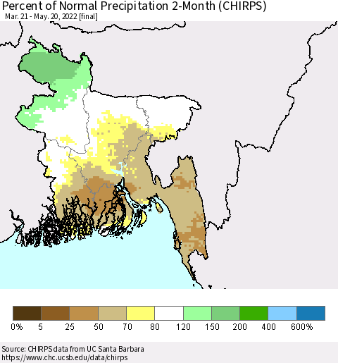 Bangladesh Percent of Normal Precipitation 2-Month (CHIRPS) Thematic Map For 3/21/2022 - 5/20/2022