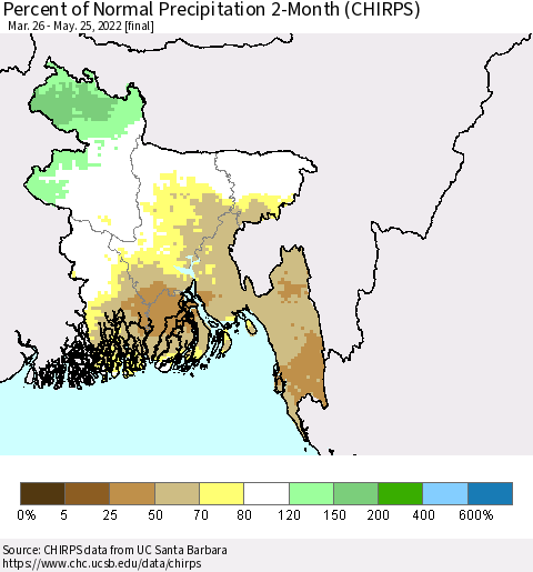 Bangladesh Percent of Normal Precipitation 2-Month (CHIRPS) Thematic Map For 3/26/2022 - 5/25/2022