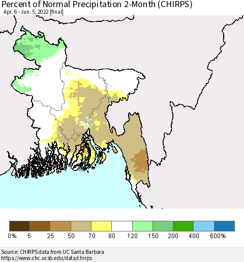 Bangladesh Percent of Normal Precipitation 2-Month (CHIRPS) Thematic Map For 4/6/2022 - 6/5/2022