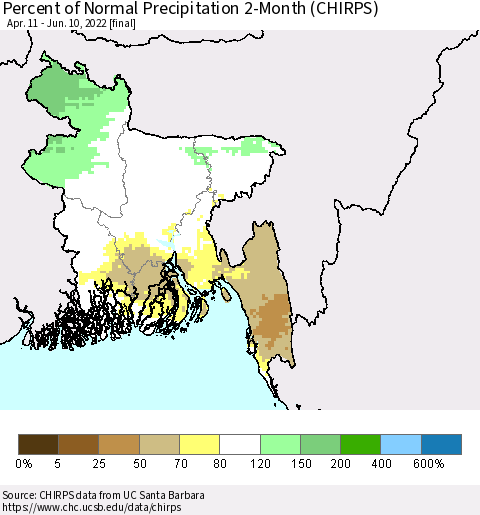 Bangladesh Percent of Normal Precipitation 2-Month (CHIRPS) Thematic Map For 4/11/2022 - 6/10/2022