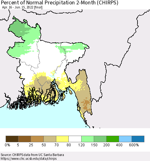 Bangladesh Percent of Normal Precipitation 2-Month (CHIRPS) Thematic Map For 4/16/2022 - 6/15/2022