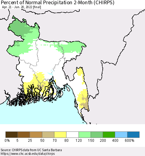 Bangladesh Percent of Normal Precipitation 2-Month (CHIRPS) Thematic Map For 4/21/2022 - 6/20/2022