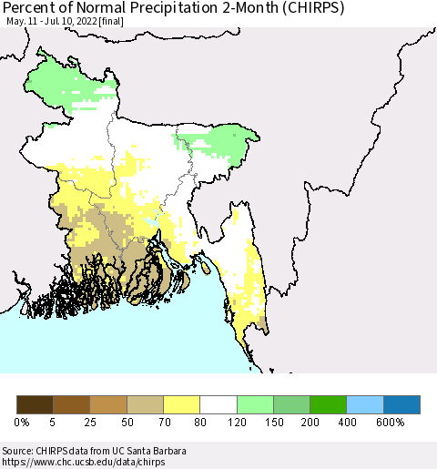 Bangladesh Percent of Normal Precipitation 2-Month (CHIRPS) Thematic Map For 5/11/2022 - 7/10/2022
