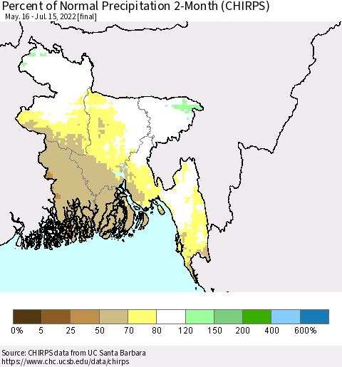 Bangladesh Percent of Normal Precipitation 2-Month (CHIRPS) Thematic Map For 5/16/2022 - 7/15/2022