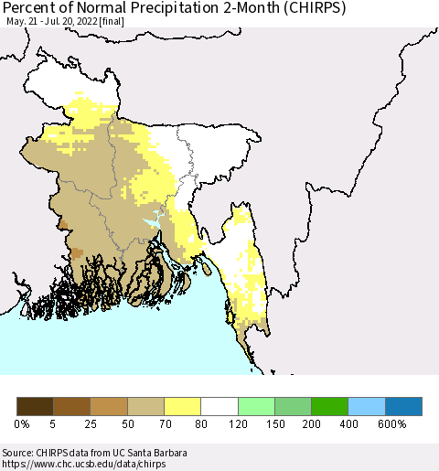 Bangladesh Percent of Normal Precipitation 2-Month (CHIRPS) Thematic Map For 5/21/2022 - 7/20/2022