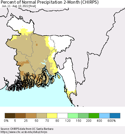 Bangladesh Percent of Normal Precipitation 2-Month (CHIRPS) Thematic Map For 6/11/2022 - 8/10/2022