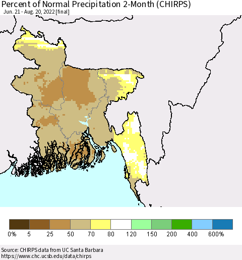 Bangladesh Percent of Normal Precipitation 2-Month (CHIRPS) Thematic Map For 6/21/2022 - 8/20/2022